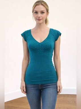 Guess Jeans Fitted V-Neck Cap Sleeve Teal Textured Knit Ribbed Waist Top - S